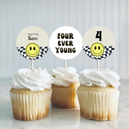 FOURever Young Retro Black and white checkered  Edible Frosting Rounds