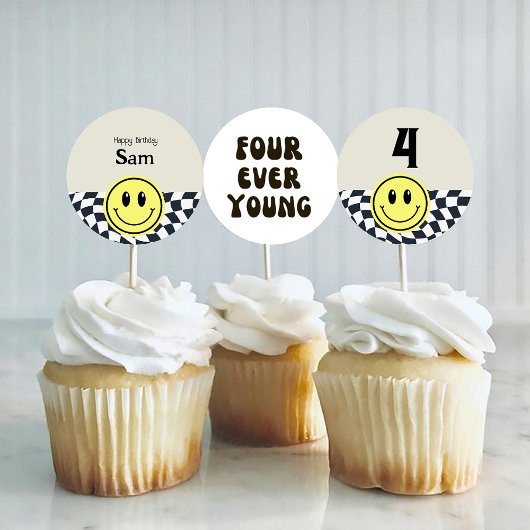 FOURever Young Retro Black and white checkered Edible Frosting Rounds
