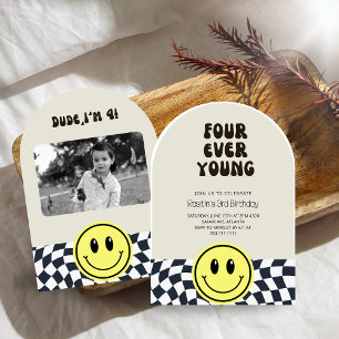 FOURever Young Retro Boys 4th Birthday Invitation
