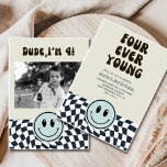 Fourever Young Retro checkered birthday Invitation<br><div class="desc">Cool and fun kid's Retro theme 4TH birthday party invitation featuring Cool retro styles with checked pattern and happy face 
The text says "FOURever Young." Perfect for a boy's birthday party.</div>