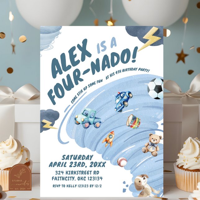 Fournado Boy Tornado Storm Fourth Birthday Party Invitation (Creator Uploaded)