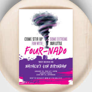 Fournado Twister Tornado Pink Purple Birthday Invitation