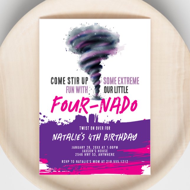 Fournado Twister Tornado Pink Purple Birthday Invitation (Fournado Twister Tornado Pink Purple Birthday Invitation)