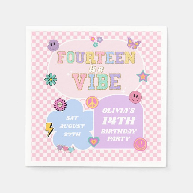 Fourteen A Vibe Preppy Patch 14th Birthday Party Napkins (Front)