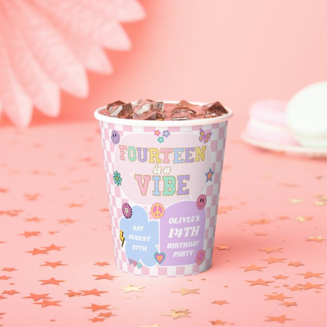 Fourteen A Vibe Preppy Patch 14th Birthday Party Paper Cups (Insitu)