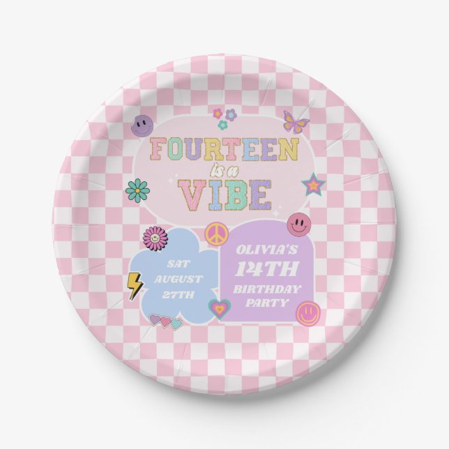 Fourteen A Vibe Preppy Patch 14th Birthday Party Paper Plates (Front)