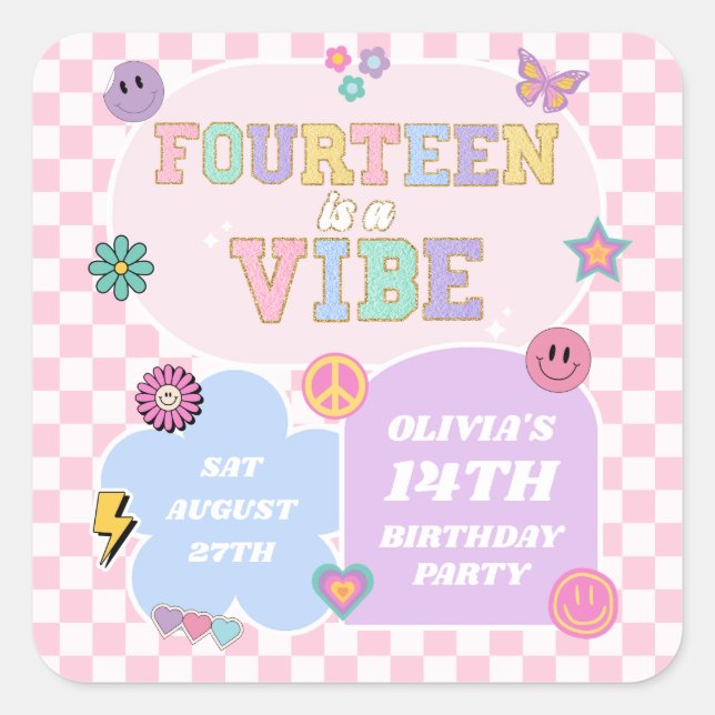 Fourteen A Vibe Preppy Patch 14th Birthday Party Square Sticker (Front)