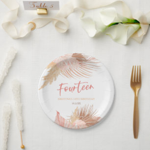 Fourteen Boho Pink Floral 14th Birthday Party Paper Plates