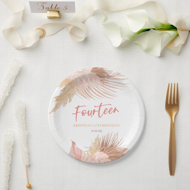 Fourteen Boho Pink Floral 14th Birthday Party Paper Plates (Wedding)
