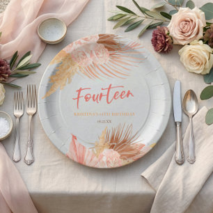 Fourteen Boho Pink Floral 14th Birthday Party Paper Plates