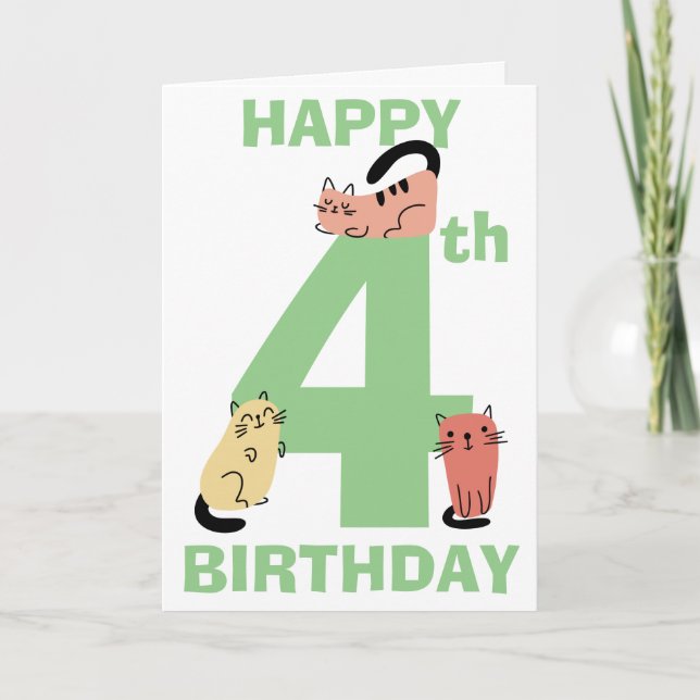 Fourth 4th Birthday Doodle Cats Custom Message Card (Front)