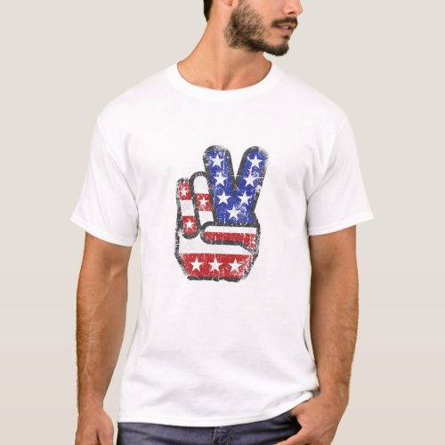 Fourth 4Th Of July American Flag Peace Sign Hand T T_Shirt