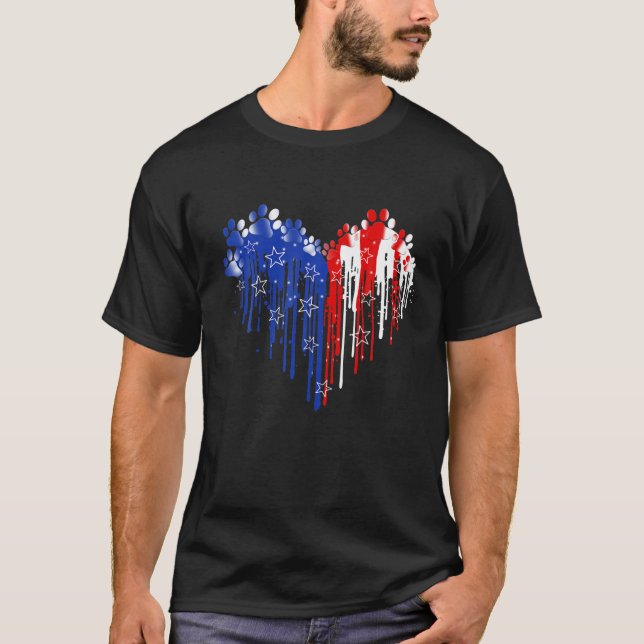 Fourth 4Th Of July Dog Paw Heart American Flag Pat T-Shirt (Front)