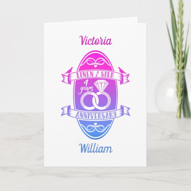 Fourth 4th wedding anniversary linen silk card (Front)