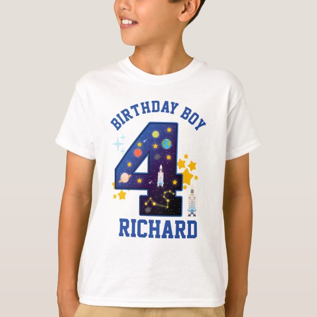 Fourth Birthday Boy Space 4 | Planets Galaxy T-Shirt (Front)