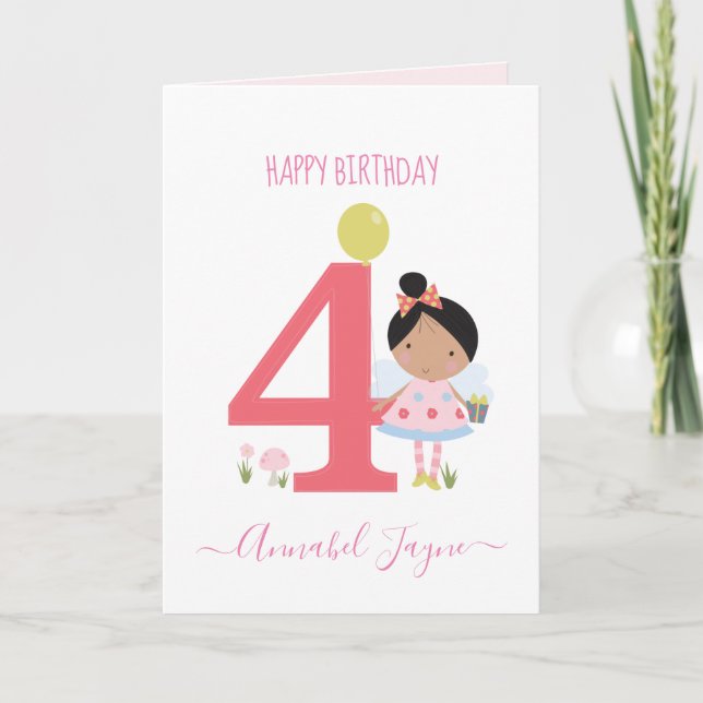Fourth birthday fairy, girls cute personalized card (Front)