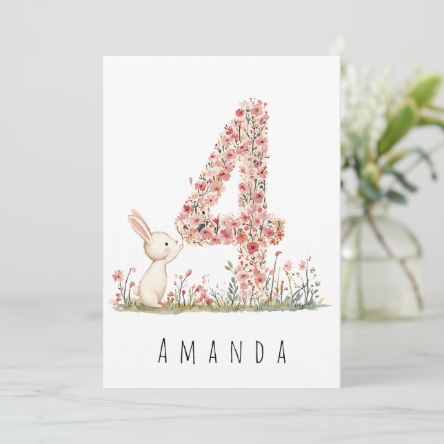 Fourth Birthday Floral Four & White Bunny Card (Standing Front)