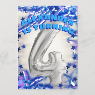Fourth Birthday Silver and Blue Age 4 Boys Party Invitation