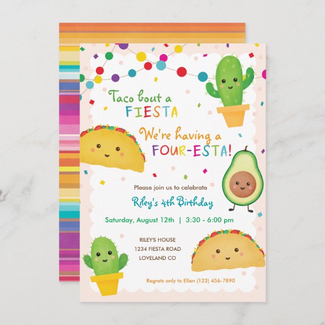 Fourth Birthday Taco theme invitation - four-esta (Front/Back)
