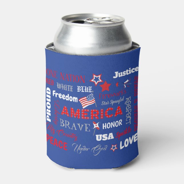 Fourth of July America USA Words Personalized Text Can Cooler (Can Front)