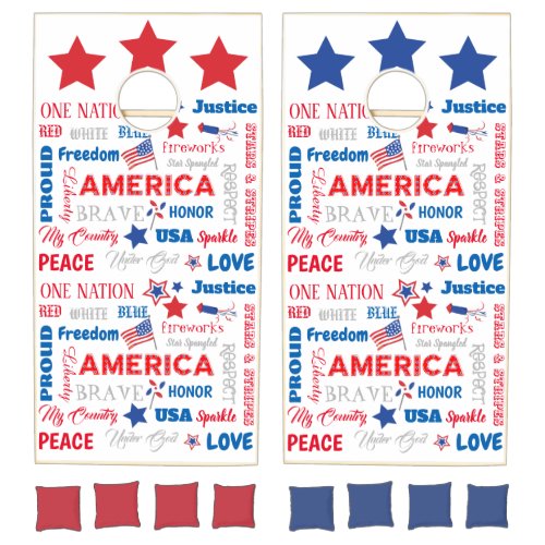 Fourth of July America USA Words Personalized Text Cornhole Set