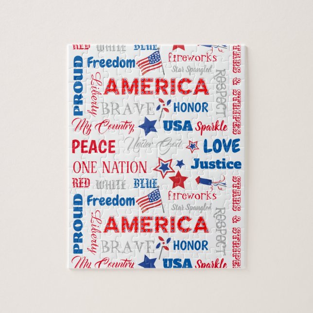 Fourth of July America USA Words Personalized Text Jigsaw Puzzle (Vertical)