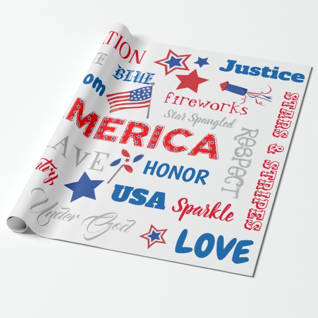 Fourth of July America USA Words Personalized Text Wrapping Paper (Unrolled)