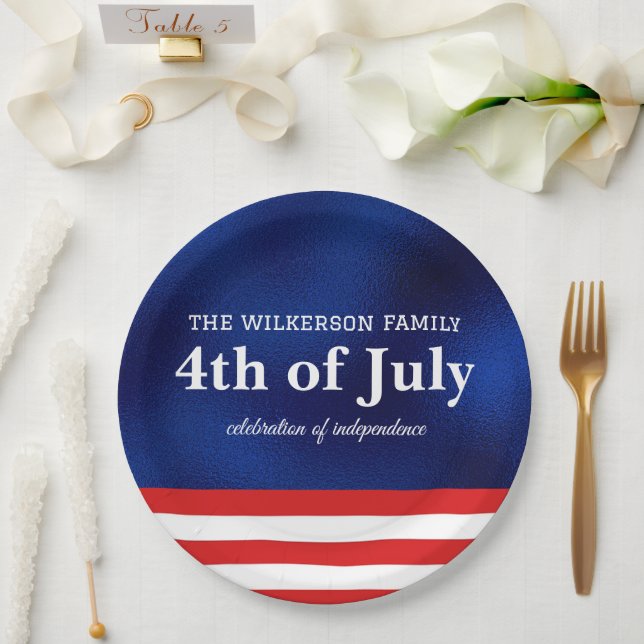 Fourth of July American Flag on Blue Foil Paper Plates (Wedding)