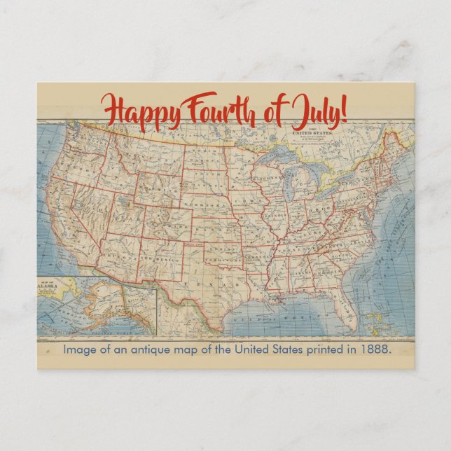 Fourth of July Antique Map of the United States Postcard (Front)