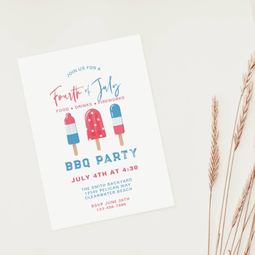 Fourth of July BBQ Backyard Red White Blue Party Invitation