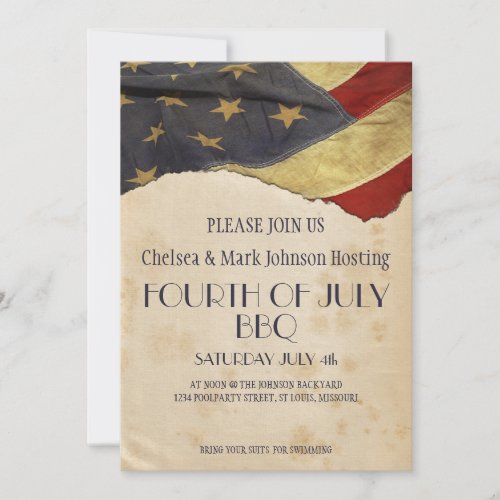 Fourth of July  BBQ Pool Party Vintage Flag Invitation