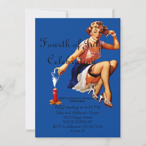 Fourth of JULY Blue Cute PIN UP GIRL Invitation