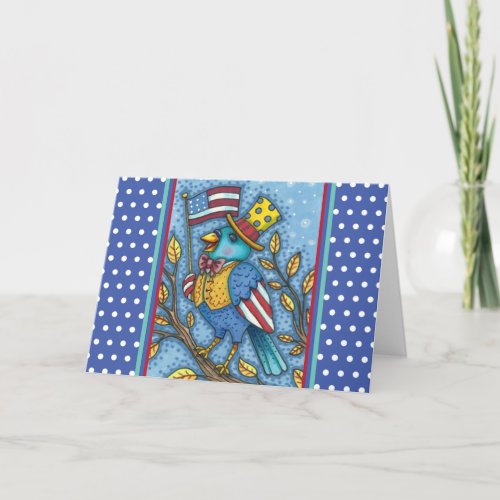 FOURTH OF JULY BLUEBIRD TWEET AMERICAN FLAG Blank Holiday Card