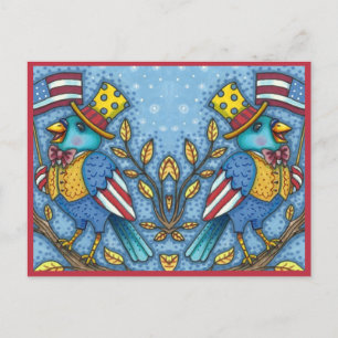 FOURTH OF JULY BLUEBIRD TWEET, AMERICAN FLAG Cute Holiday Postcard