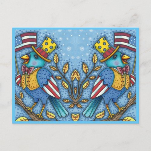 FOURTH OF JULY BLUEBIRD TWEET AMERICAN FLAG Cute Holiday Postcard