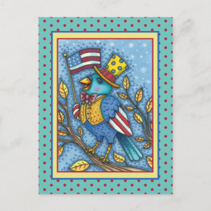 FOURTH OF JULY BLUEBIRD TWEET, AMERICAN FLAG USA HOLIDAY POSTCARD