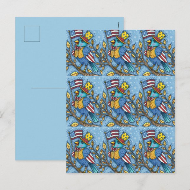 FOURTH OF JULY BLUEBIRD TWEET, AMERICAN FLAG USA HOLIDAY POSTCARD (Front/Back)
