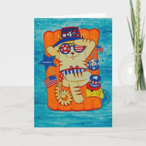 Fourth of July Cat in Hat with Mouse and Fish Card