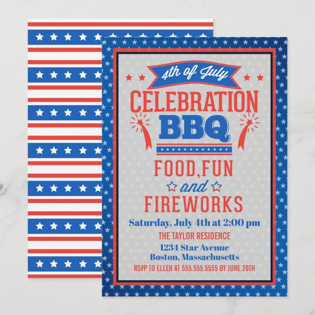 Fourth of July Celebration BBQ Party Invitation (Front/Back)