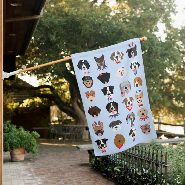 Fourth Of July Dog Faces House Flag (In SItu)