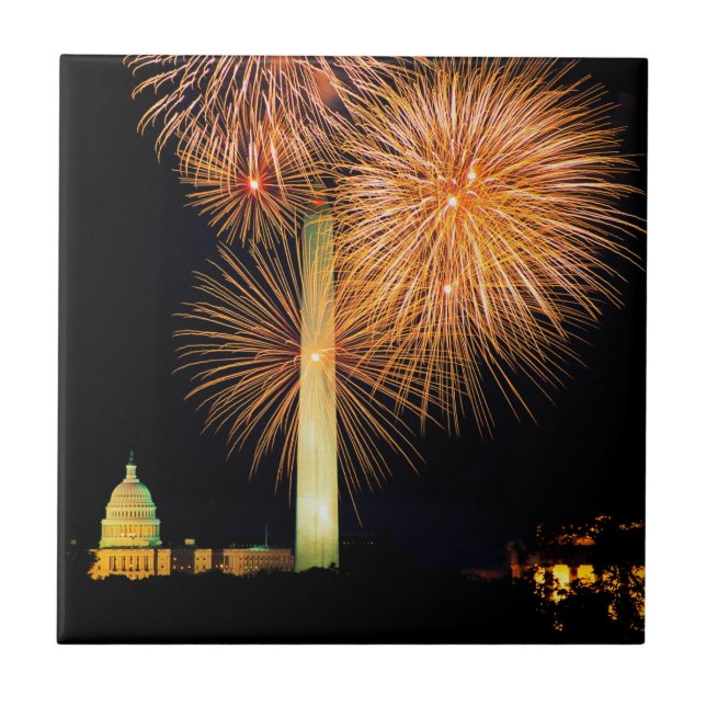 Fourth of July, Firework Display, Skyline Ceramic Tile (Front)