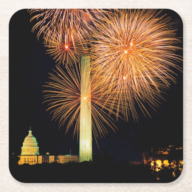 Fourth of July, Firework Display, Skyline Square Paper Coaster (Front)