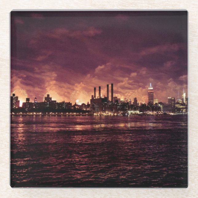 Fourth of July Fireworks behind Manhattan Glass Coaster (Front)