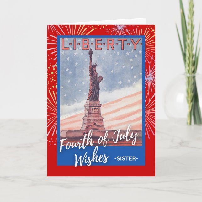 Fourth of July for Sister Retro Statue of Liberty Card (Front)