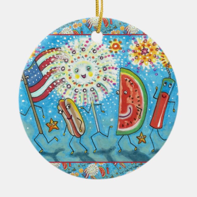FOURTH OF JULY GANG, PARADE & FIREWORKS HOLIDAY CERAMIC ORNAMENT (Front)