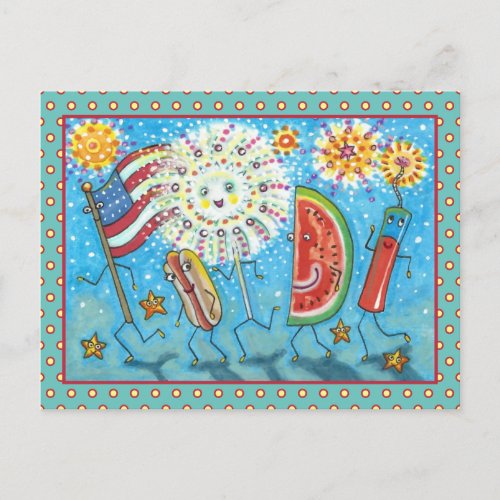 FOURTH OF JULY GANG PARADE  FIREWORKS HOLIDAY POSTCARD