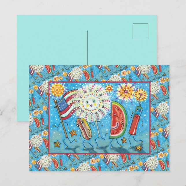 FOURTH OF JULY GANG, PARADE & FIREWORKS HOLIDAY POSTCARD (Front/Back)