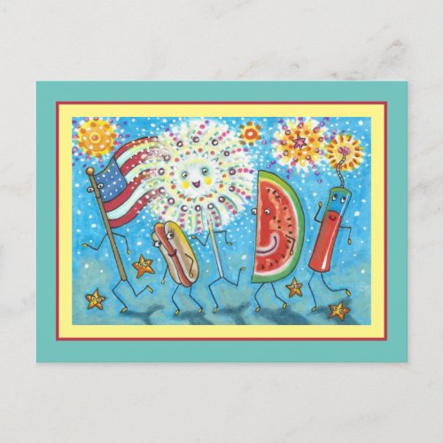 FOURTH OF JULY GANG PARADE  FIREWORKS HOLIDAY POSTCARD