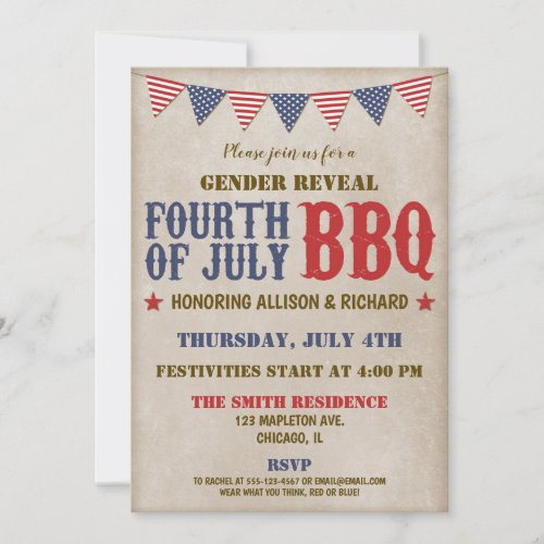 Fourth of July gender reveal red white blue rustic Invitation