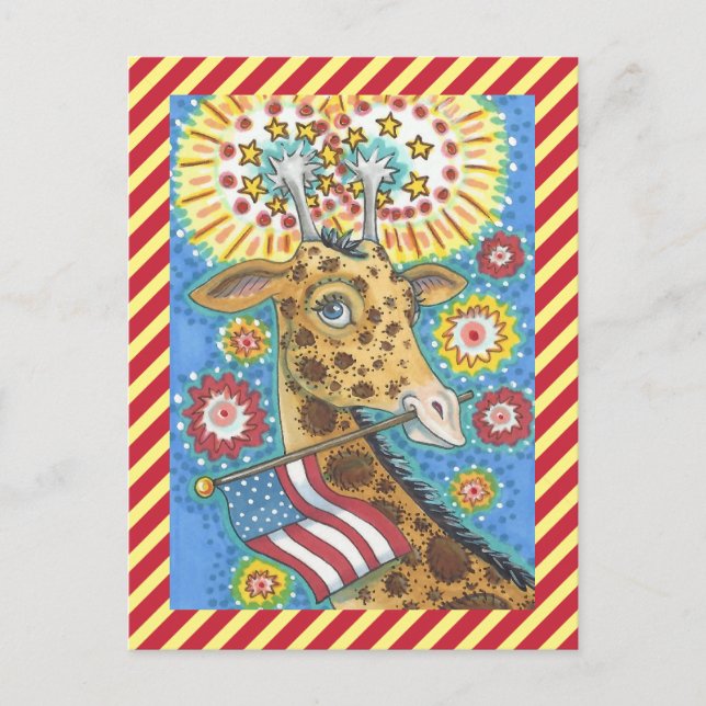 FOURTH OF JULY GIRAFFE AND FIRWORKS POSTCARD (Front)